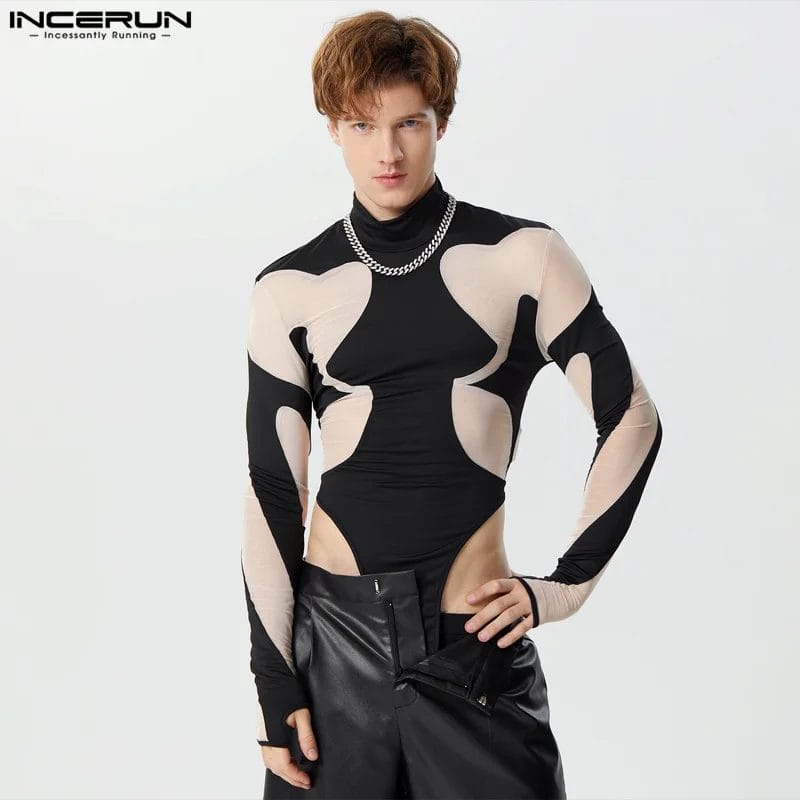 2024 Men's Bodysuits Mesh Patchwork See Through Turtleneck Long Sleeve Rompers Fitness Sexy Fashion Male Bodysuit S-3XL INCERUN 1