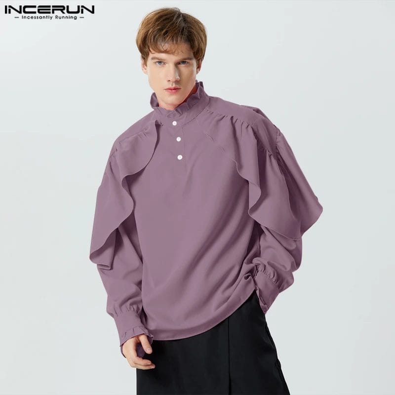 2023 Men Shirt Ruffle Stand Collar Long Sleeve Unisex Irregular Shirts Streetwear Solid Color Loose Casual Camisas S-5XL INCERUN 1