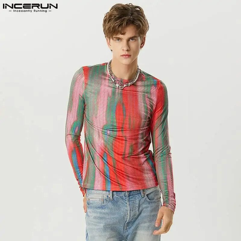 2023 Men T Shirt Tie Dye Round Neck Long Sleeve Fashion Casual Men Clothing Autumn Fitness Streetwear Camisetas S-5XL INCERUN 1
