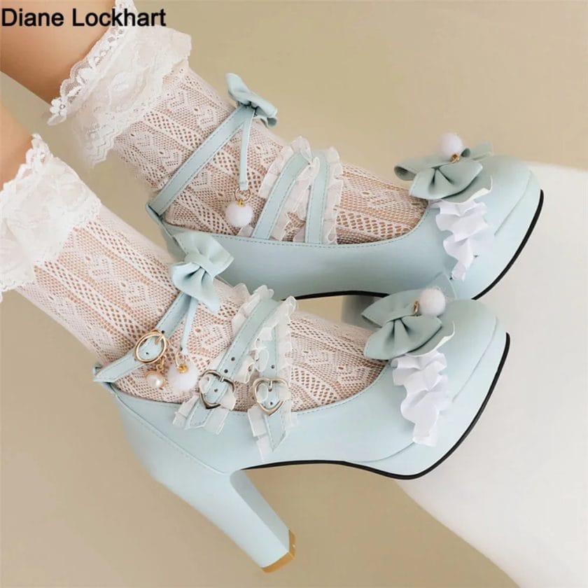 Spring Autumn High Heeled Sweet Lolita Gothic Style Cosplay Shoes Girls Lovely Bow Tie Fur Ball Women Pumps Lace Cross Strap 1