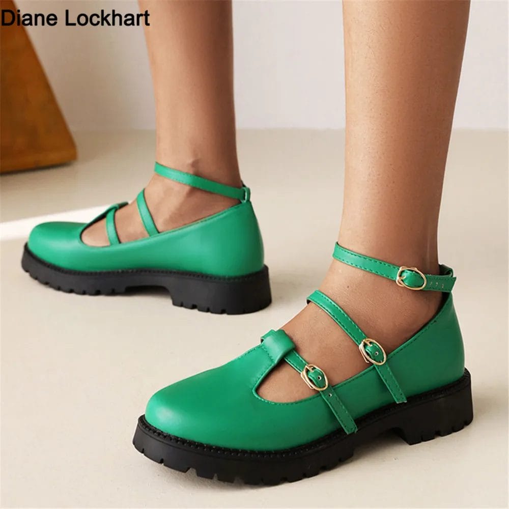 2023 Women Flats Ankle Strap Buckle Loafers Fashion Round Toe Platform Casual Shoes Ladies Retro British Style Size 34-42 Green 1
