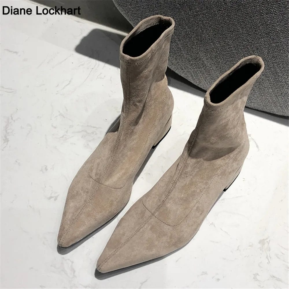 Fashion spring New Women Boots Pointed Toe Socks Boots Yarn lastic Ankle Boots Suede Thick Heel Shoes Female bota feminina 1