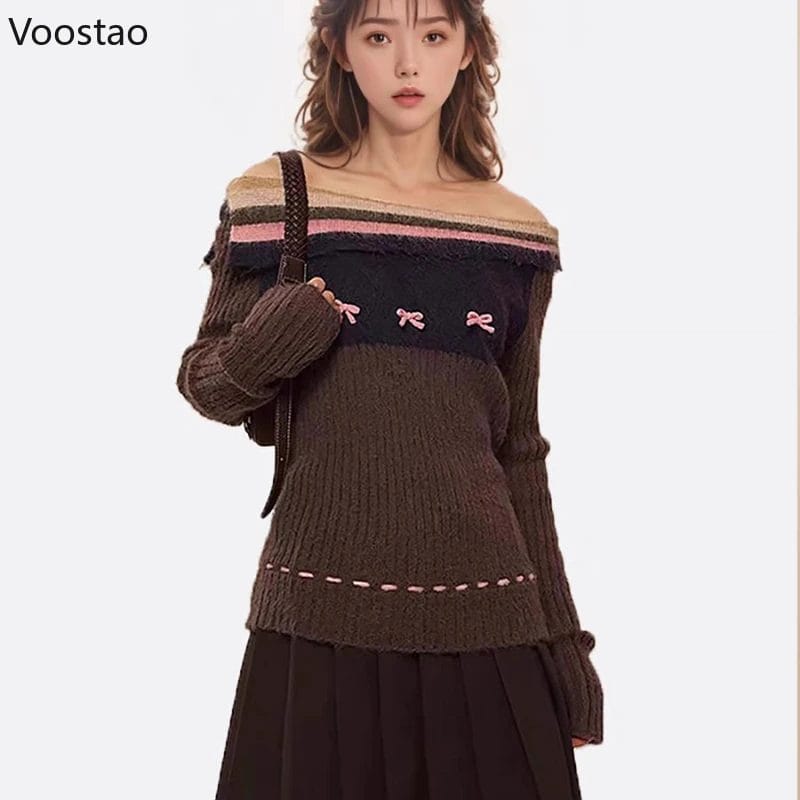 Autumn Winter Y2k Aesthetic Knitted Pullovers Women Elegant Striped Slash Neck Bow Sweaters Fashion Female Vintage Knitwear Tops 1