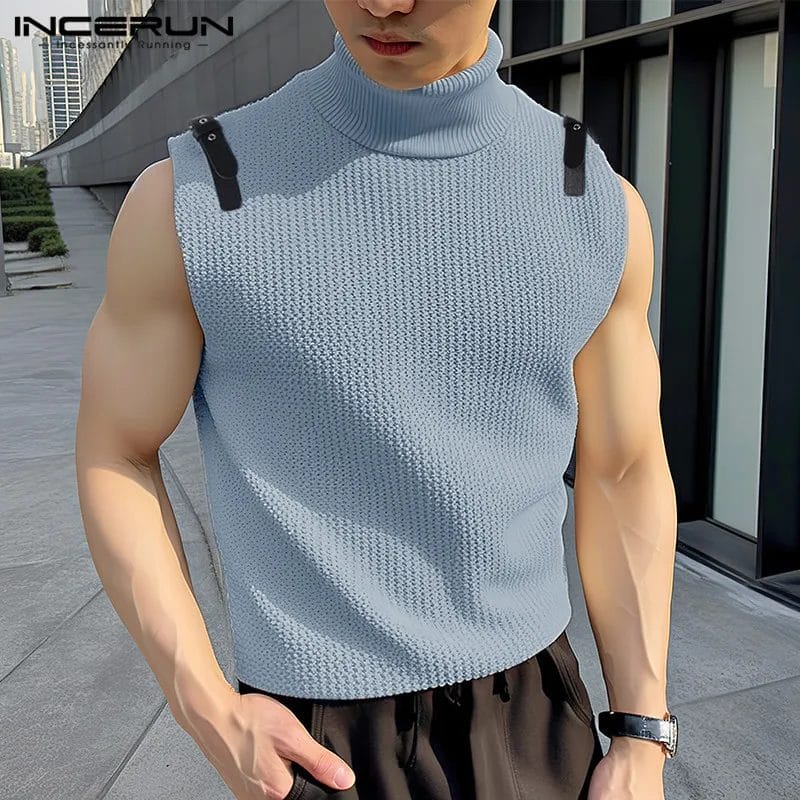 Men's Tank Tops Patchwork Turtleneck Sleeveless Knitted Streetwear Male Vests 2024 Summer Fashion Casual Men Clothing INCERUN 1