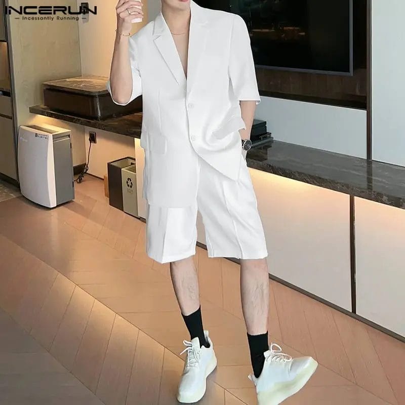 2023 Men Sets Solid Color Streetwear Lapel Half Sleeve Blazer & Shorts 2PCS Korean Style Fashion Men Casual Suits S-5XL INCERUN 1