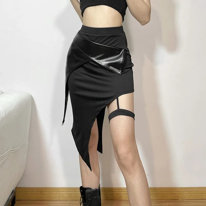 Punk Style Black Elastic Skirt Fashionable Chic Simple Casual Handsome Cool Sexy Slit Waist Women's Skirt Domineering Lady 1