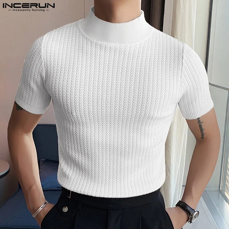 2023 Men T Shirt Solid Color Turtleneck Short Sleeve Men Clothing Fitness Streetwear Korean Style Casual Tee Tops S-5XL INCERUN 1