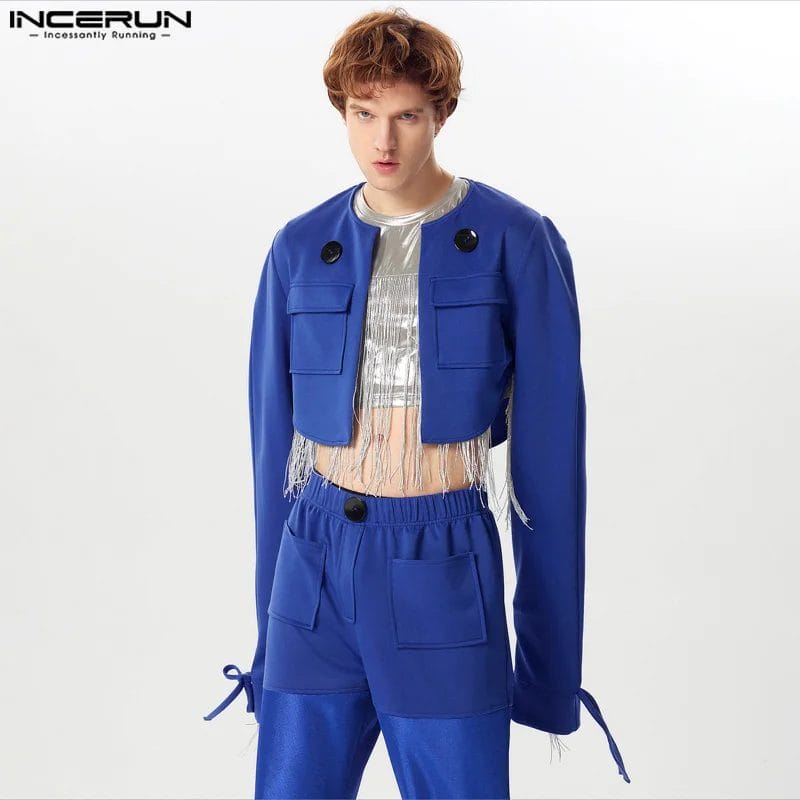 2024 Men's Jackets Solid Color Long Sleeve O-neck Streetwear Casual Crop Coats Open Stitch Fashion Male Outerwear S-5XL INCERUN 1