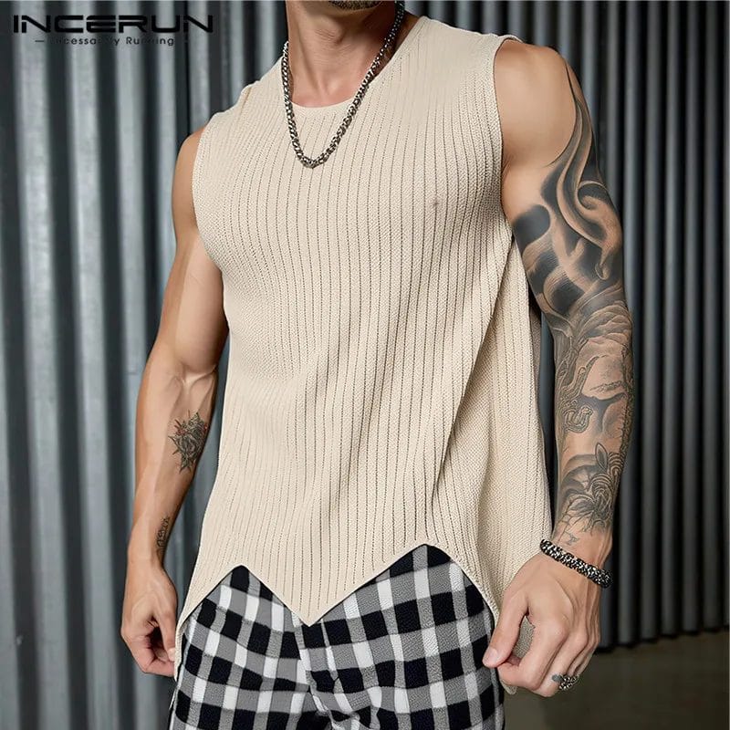 2024 Men Irregular Tank Tops Solid Color O-neck Sleeveless Streetwear Vests Knitted Fashion Casual Men Clothing S-2XL INCERUN 1
