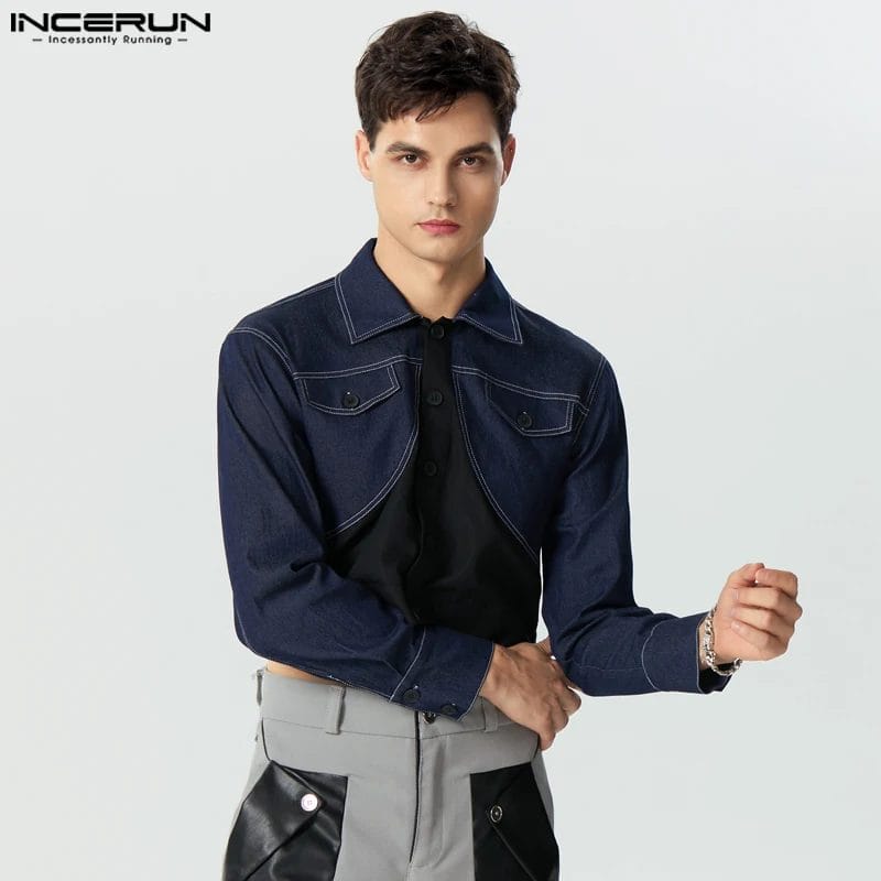 2023 Men Jackets Patchwork Lapel Long Sleeve Button Streetwear Crop Coats Personality Fashion Casual Male Thin Jackets INCERUN 1