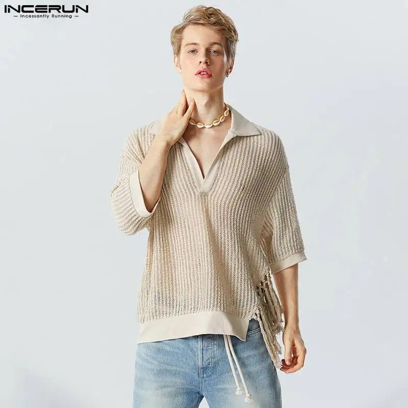 INCERUN Men Shirt Knitted Tassel Patchwork Hollow Out Lapel Short Sleeve Men Clothing Streetwear 2024 Loose Fashion Camisas 1