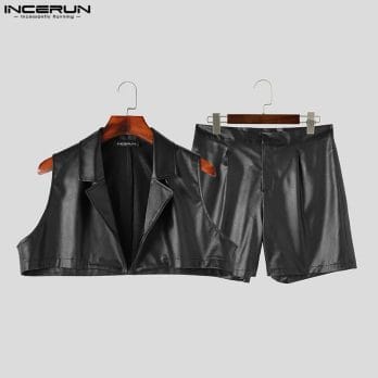 INCERUN 2024 Men Sets PU Leather Streetwear Solid Lapel Sleeveless Crop Vests & Shorts 2PCS Fashion Men's Casual Suits S-5XL 6