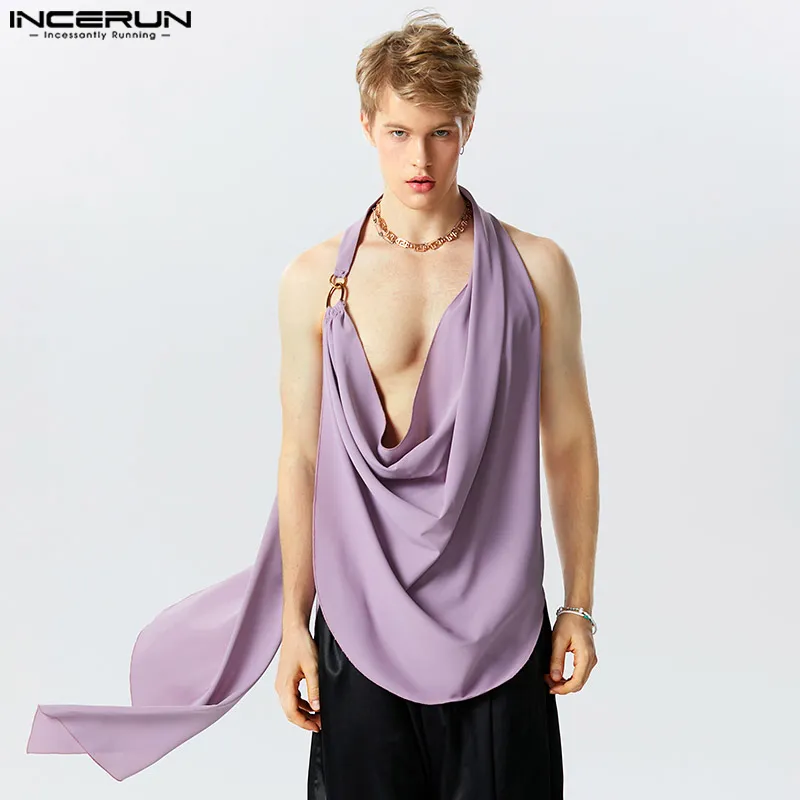 INCERUN Men Irregular Tank Tops Sleeveless V Neck Loose Fashion Male Vests Streetwear 2023 Solid Color Casual Men Clothing S-5XL 1
