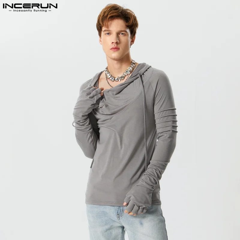 2023 Men Hoodies Solid Color Hooded Long Sleeve Gloves Male Sweatshirts Autumn Fitness Streetwear Casual Pullovers S-5XL INCERUN 1