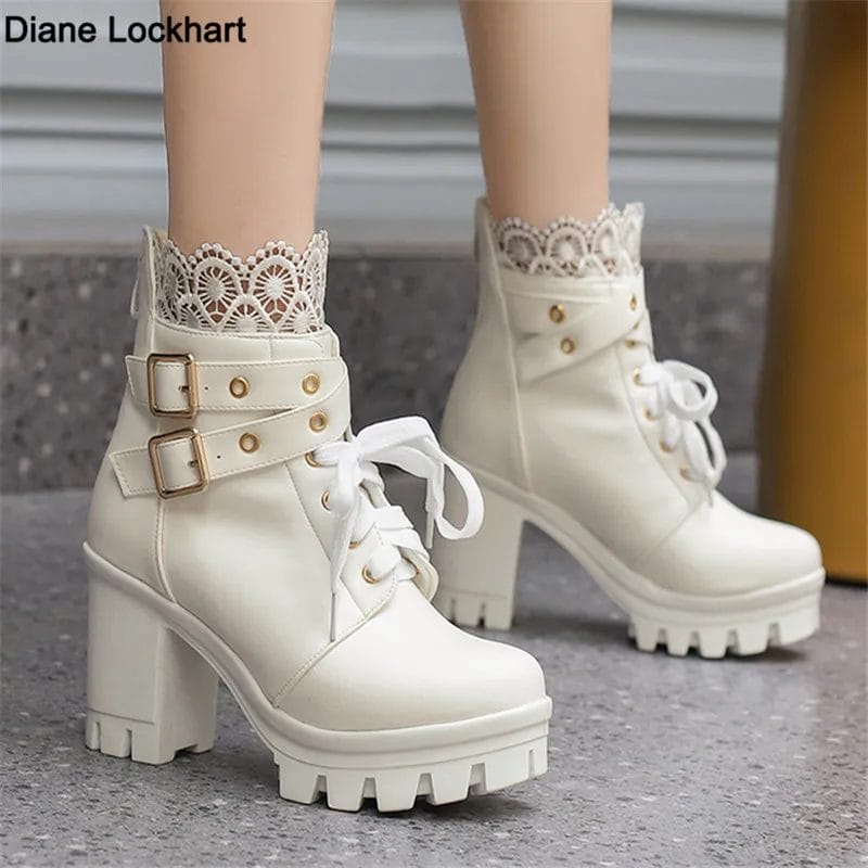 2022 Women Motorcycle Boots Leather Winter ladies Boot Stylish Lady Lace Ankle Shoes High Heel Platforms Sexy Botas Buckle 33-43 1