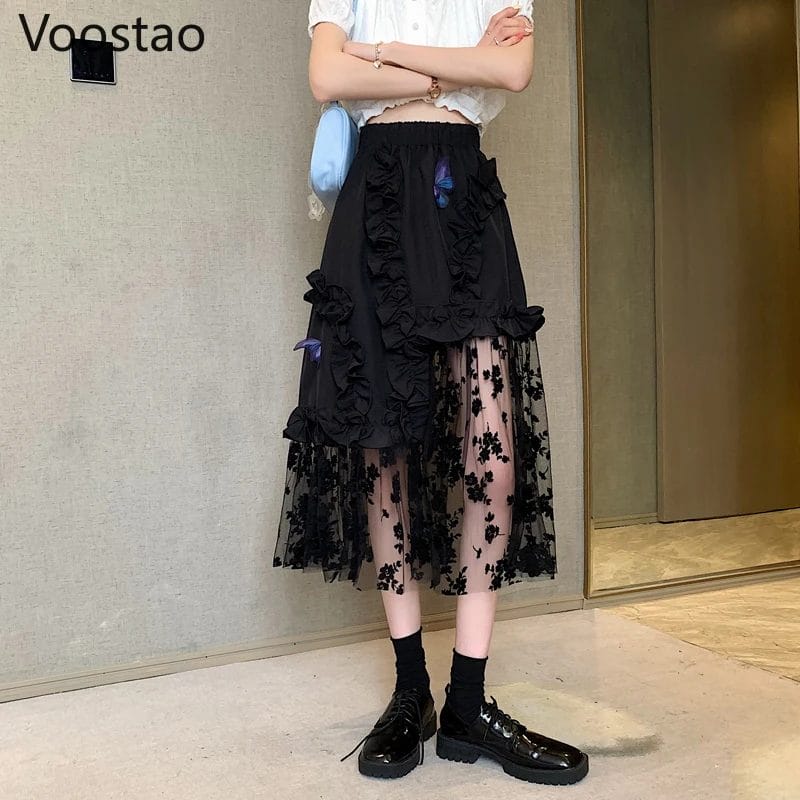 Gothic Elegant Long Skirts Women Harajuku Chic Butterfly Ruffles Irregular Patchwork Mesh A-Line Skirt Female Dark Punk Skirts 1
