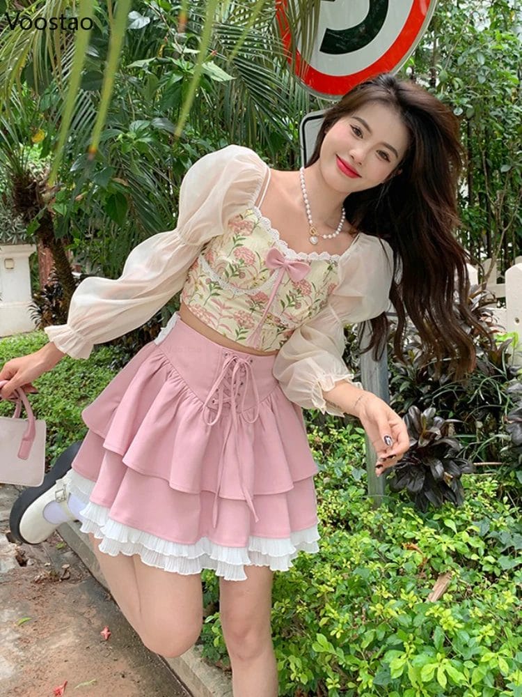 Kawaii Lolita Skirt Set Women Elegant Puff Sleeve Bow Floral Blouse Sweet Pink Ruffles Mini Skirt Suit Korean Style 2 Piece Sets 1