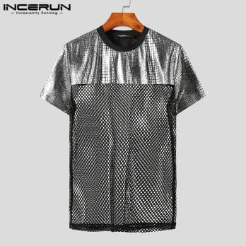 2023 Men T Shirt Mesh Patchwork Transparent Shiny Streetwear O-neck Short Sleeve Camisetas Sexy Party Fashion Tee Tops INCERUN 5