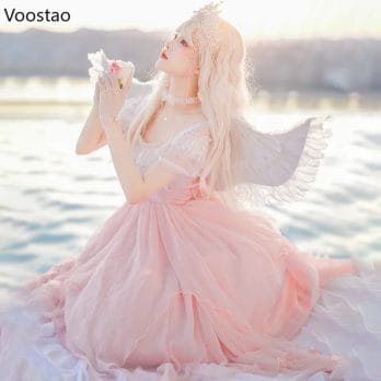 Japanese Kawaii Lolita Princess OP Dress Women Elegant Sweet Rose Lace Pearl Chain Pink Party Dresses Victorian Girl Fairy Dress 4