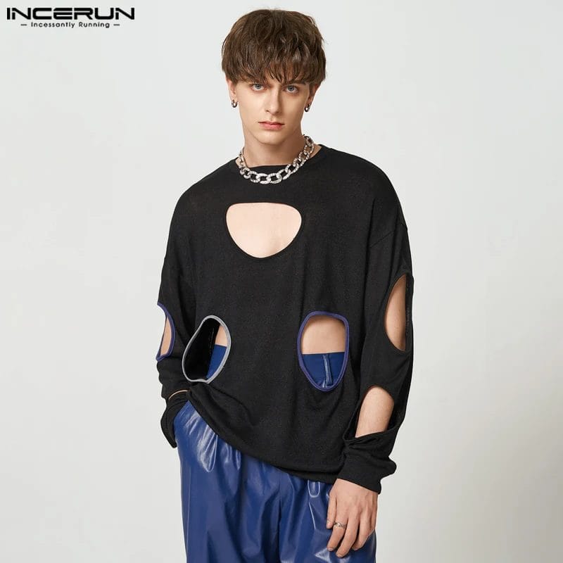 INCERUN Men T Shirts Hollow Out O-neck Long Sleeve Sexy Knitted Casual Men Clothing 2023 Loose Solid Color Fashion Camisetas 5XL 1