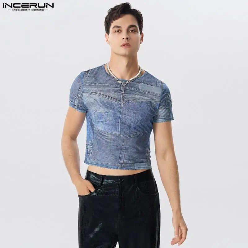 INCERUN Men T Shirt Printed Transparent O-neck Short Sleeve Sexy Tee Tops Streetwear 2024 Fitness Summer Fashion Crop Tops S-5XL 1