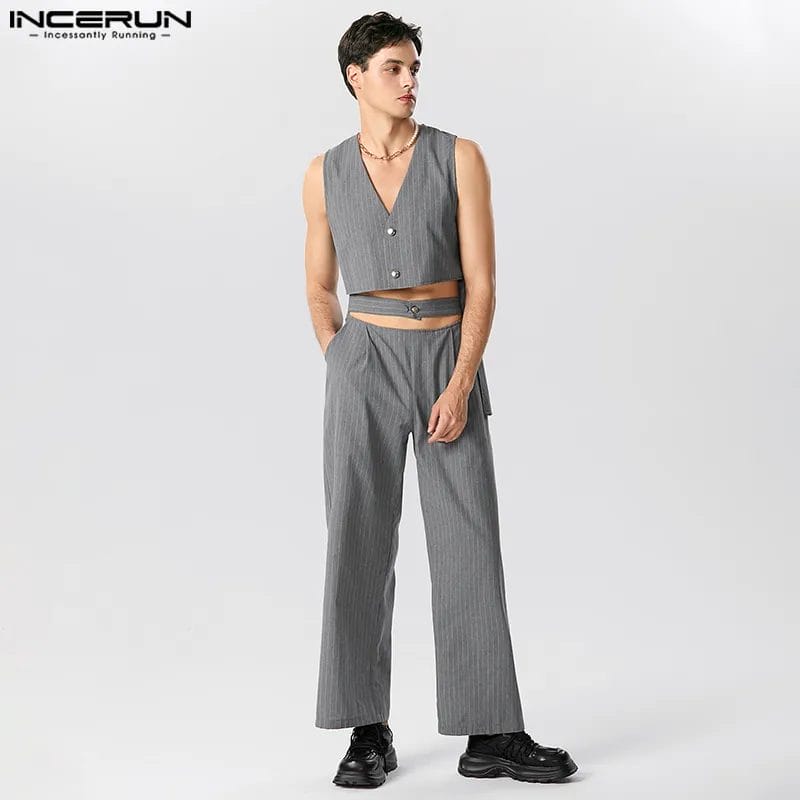 Men Striped Sets 2023 V Neck Sleeveless Irregular Vests & Hollow Out Pants 2PCS Streetwear Fashion Casual Men's Suits INCERUN 1