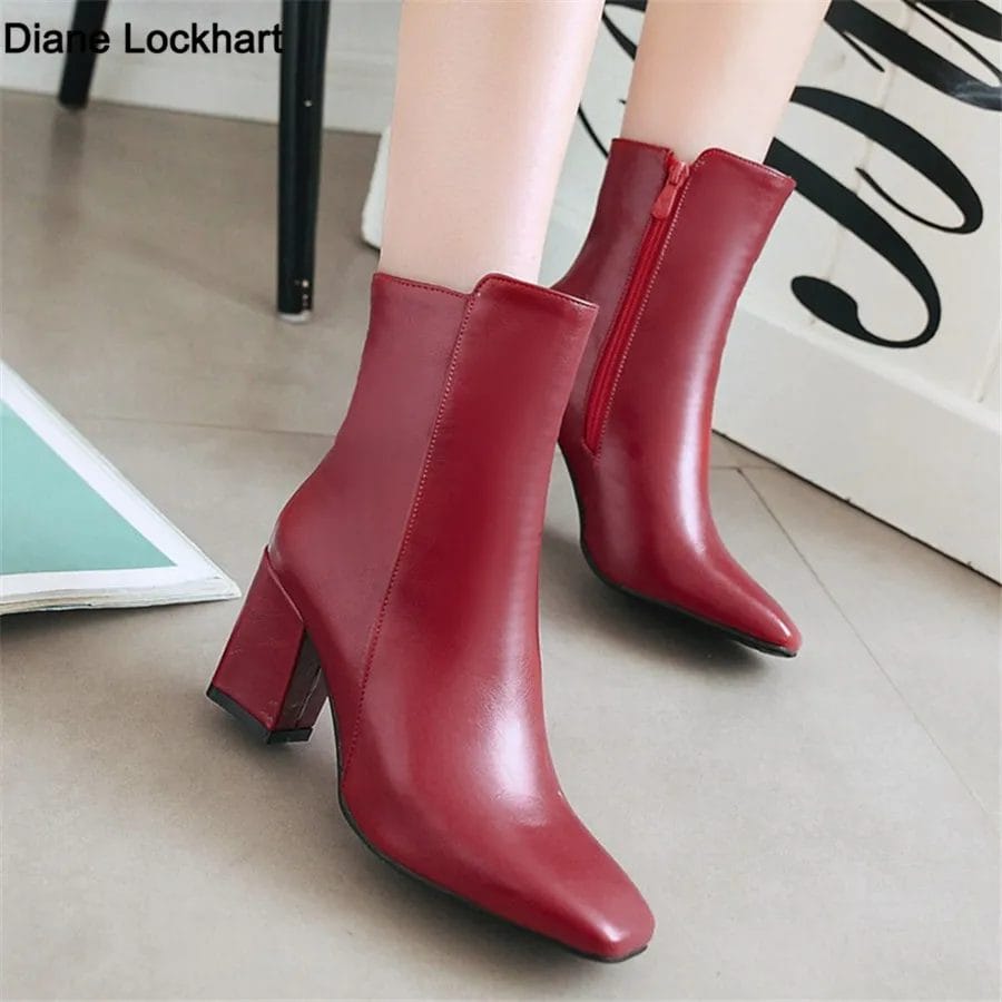 Fashion Women Ankle Boots Chelsea Boats Autumn Winter Ladies Shoes Square Toe Side Zipper Sexy Chunky High Heels Booties Mujer 1