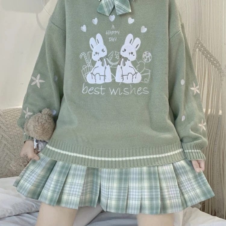 Spring Autumn Sweet Lolita Embroidery Bunny Knitted Pullover Japanese Girly Cute Loose JK Sweater Women Kawaii Knitwear Tops 1