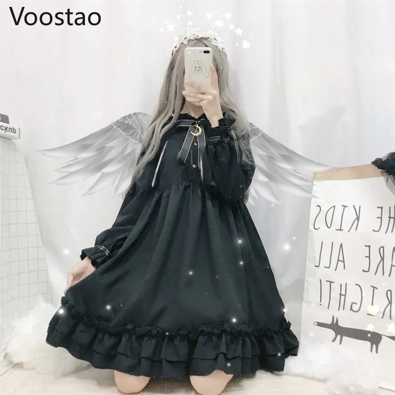 Gothic Lolita Dress Soft Sister Women Vintage Dark Cute Bow Moon Ruffled Tea Party Dress Victorian Sweet Princess Fairy Clothes 1
