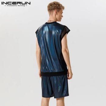 2023 Fashion Men Sets Mesh Patchwork Sparkling Streetwear O-neck Sleeveless Tank Tops & Shorts 2PCS Sexy Men Suits S-5XL INCERUN 4