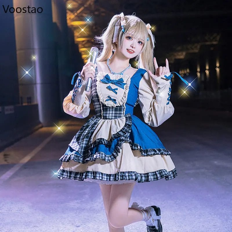 Japanese Sweet Bow Lolita OP Dress Women Kawaii Plaid Ruffles Patchwork Denim Party Dresses Girls Gothic Y2K Punk Mini Dress 1