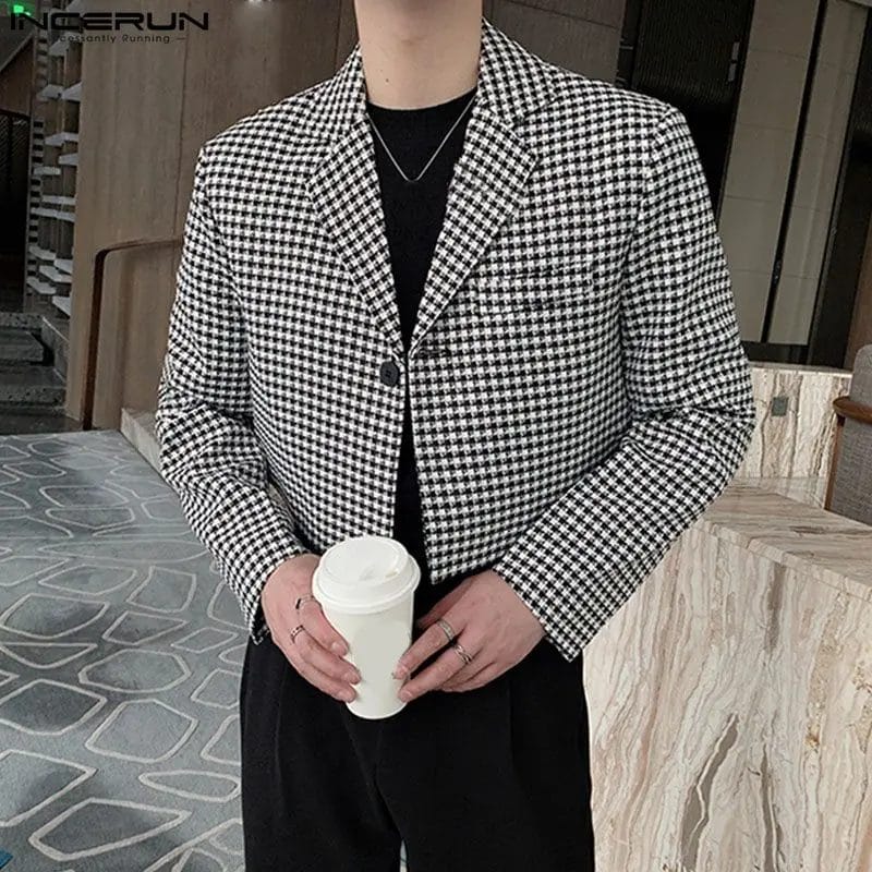 INCERUN 2024 Men's Plaid Blazer Lapel One Button Long Sleeve Casual Suits Men Streetwear Spring Fashion Leisure Crop Coats S-5XL 1