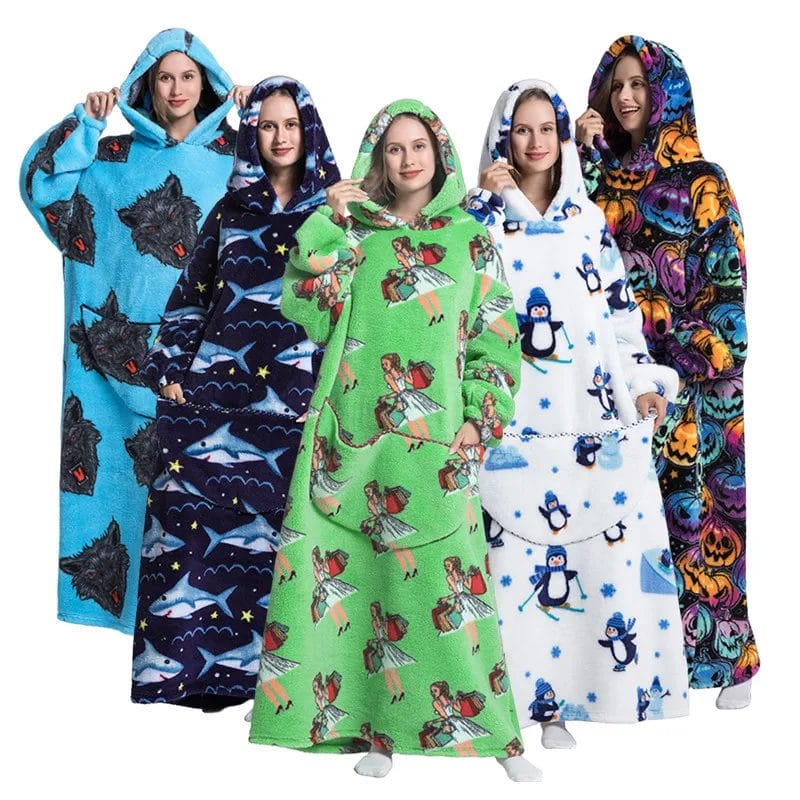 Wearable Blanket Hoodies Winter Home Wear Thick Loungewear Plush Flannel Pajamas For Adult 1
