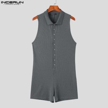 2023 Men Rompers Pajamas Solid Color Striped Homewear Lapel Short Sleeve Fashion Male Bodysuits Fitness Jumpsuits S-5XL INCERUN 5