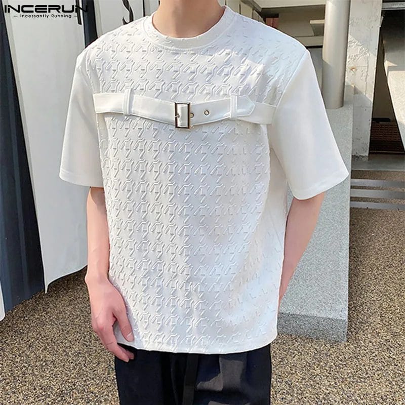 Men T Shirt Patchwork O-neck Short Sleeve Button Casual Camisetas 2023 Korean Streetwear Fashion Men Clothing S-5XL INCERUN 1