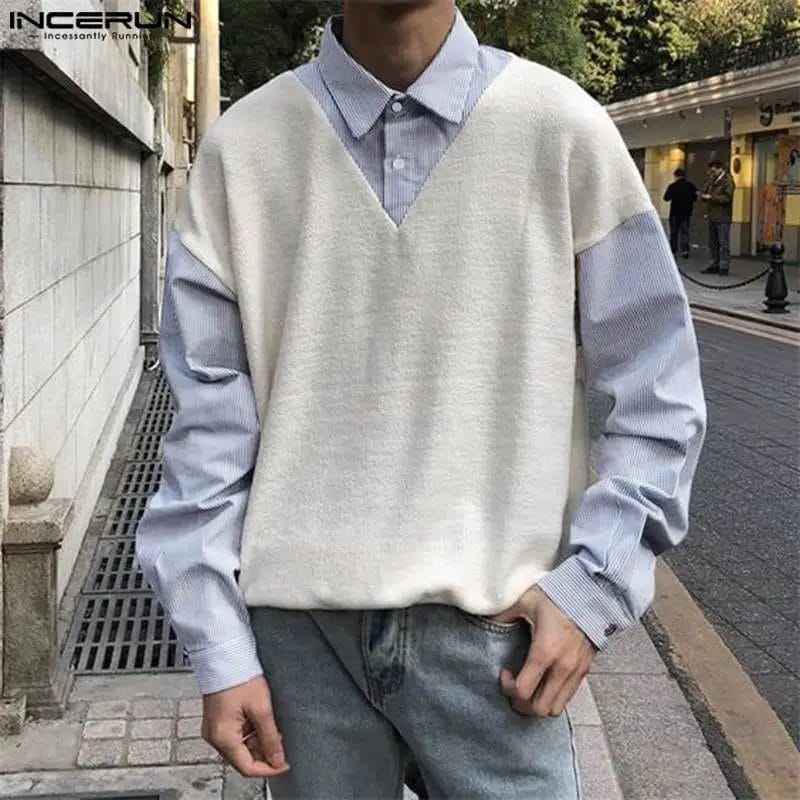 2023 Men Shirt Striped Patchwork Loose Lapel Long Sleeve Korean Men Clothing Streetwear Fashion Casual Male Shirts S-5XL INCERUN 1