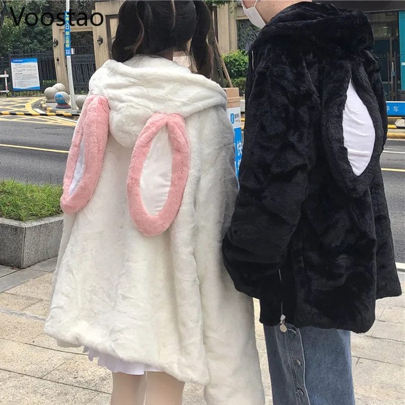 Spring Autumn Gothic Harajuku Couple Hoodie Loose Cute Rabbit Ears Plush Hooded Outwear Winter Women Men Streetwear Warm Coats 1