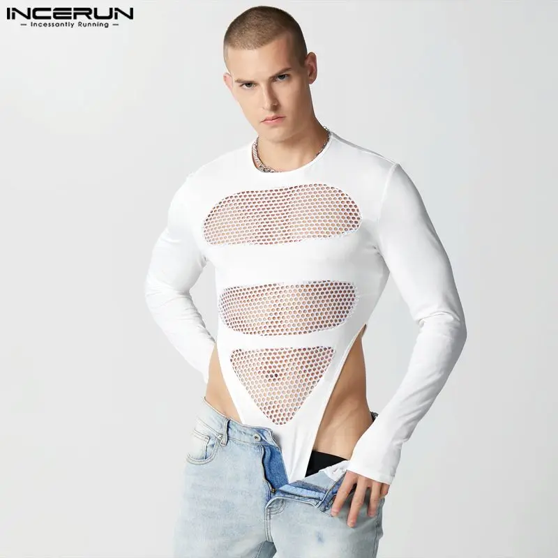 Men Bodysuits Mesh Patchwork O-neck Long Sleeve Transparent Bodysuit Streetwear Sexy 2023 Fitness Fashion Male Rompers INCERUN 1