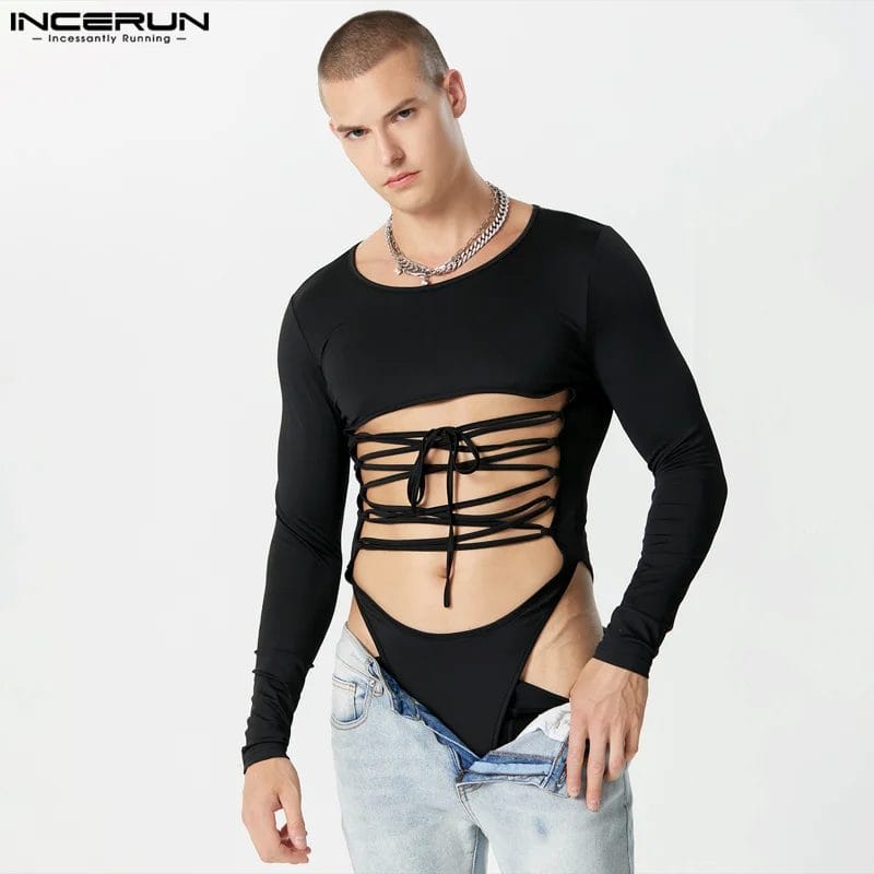 2023 Men Bodysuits Solid Color Hollow Out Lace Up Male Rompers O-neck Long Sleeve Streetwear Sexy Fashion Bodysuit S-5XL INCERUN 1