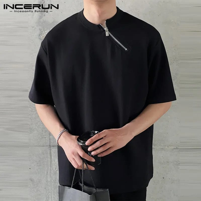 2023 Men T Shirt Streetwear Solid Color O-neck Zipper Short Sleeve Men Clothing Stylish Summer Korean Casual Tee Tops INCERUN 1