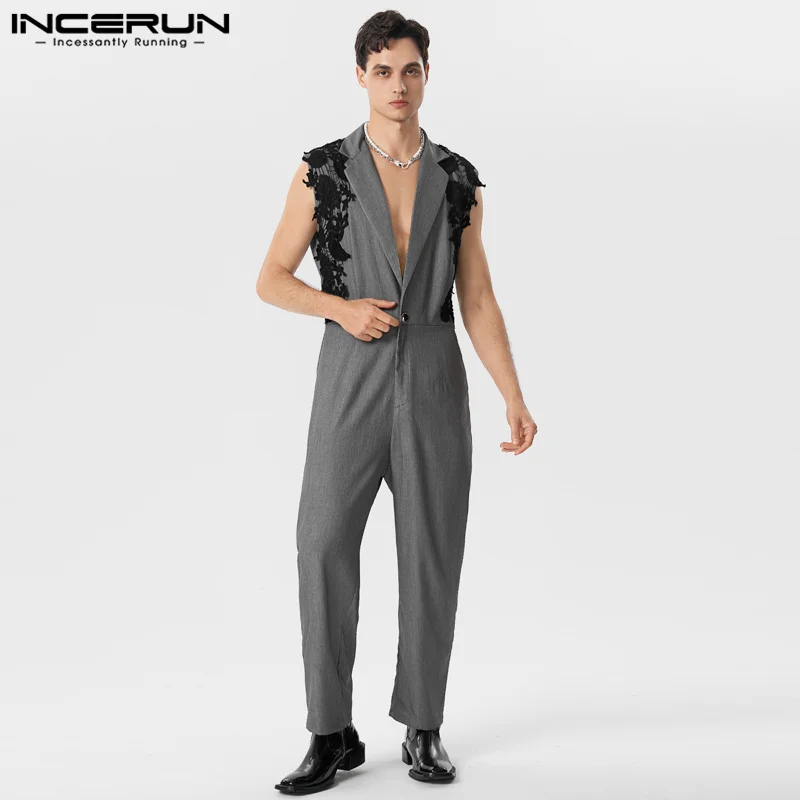 2023 Men Jumpsuits Lace Patchwork Lapel Sleeveless One Button Overalls Streetwear Loose Fashion Casual Men Rompers S-5XL INCERUN 1