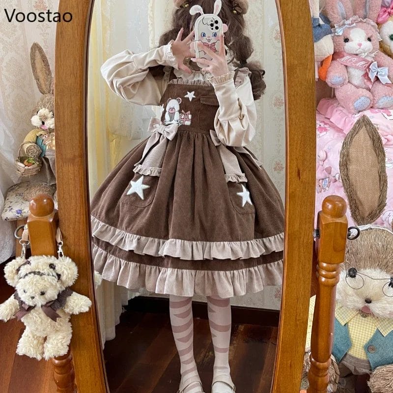 Japanese Kawaii Lolita Jsk Dress Women Cute Bow Bear Diary Embroidery Ruffles Party Dresses Harajuku Girls Sweet Princess Dress 1