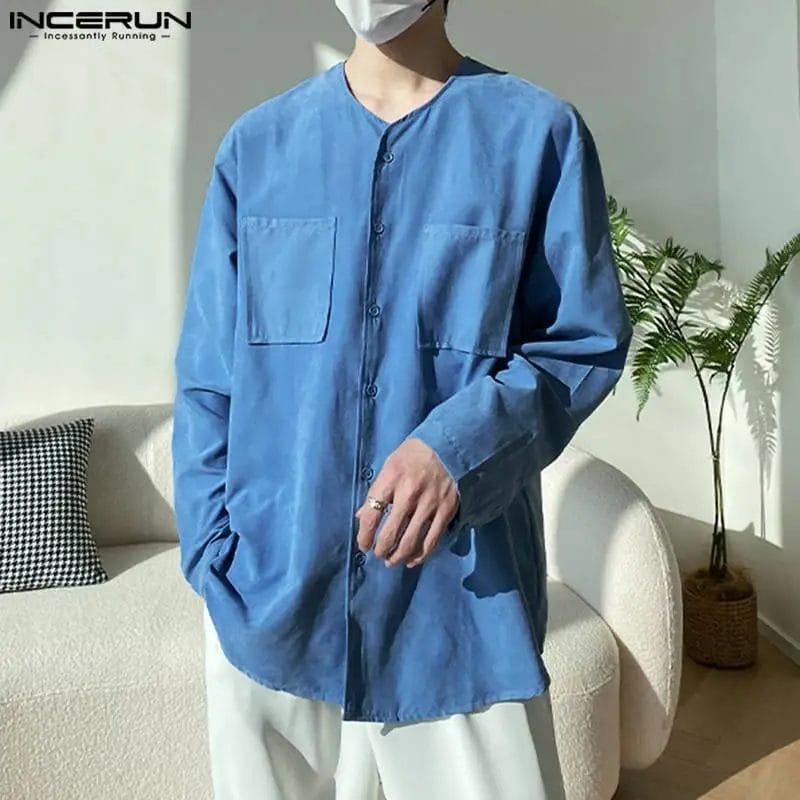 2024 Men Shirt Solid Color V Neck Long Sleeve Button Men Clothing Streetwear Loose Pockets Korean Style Casual Shirts INCERUN 1