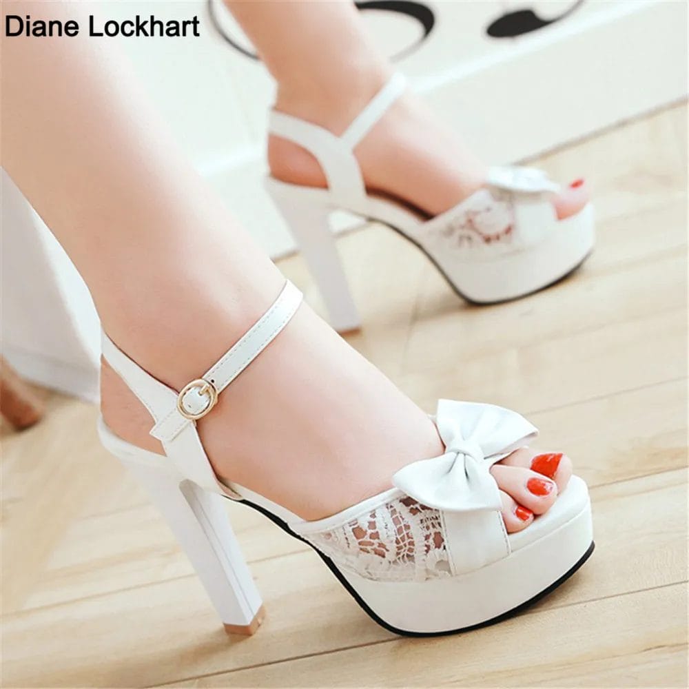 Women Summer Lace Bow Mesh Shoes Fish Mouth High Heel Ladys Platform Sandals Evening White Dress Wedding Female Zapatos De Mujer 1