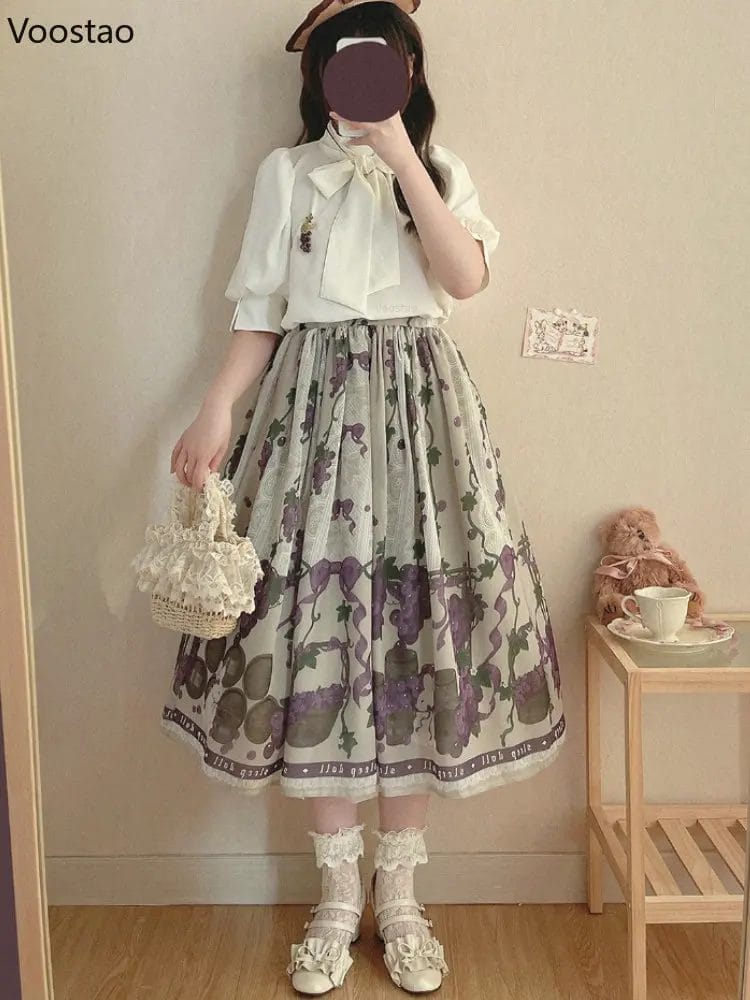 Vintage Sweet Lolita Style Princess Skirt Women Kawaii Bunny Grape Print Midi Skirt Girls Gothic Harajuku Cosplay Party Skirt 1