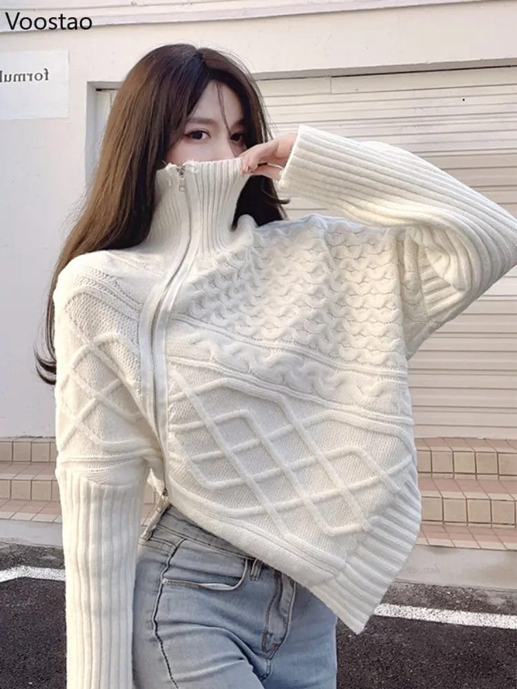 Autumn Korean Women Turtleneck Knitted Pullover Fashion Casual Loose Irregular Sweater Female Lazy Style Jumper Knitwear Tops 1