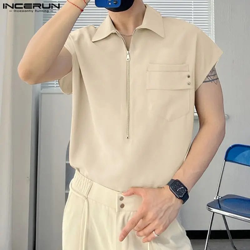 2023 Men Shirt Solid Color Lapel Sleeveless Zipper Casual Men Clothing Streetwear Loose Korean Style Fashion Vests INCERUN S-5XL 1