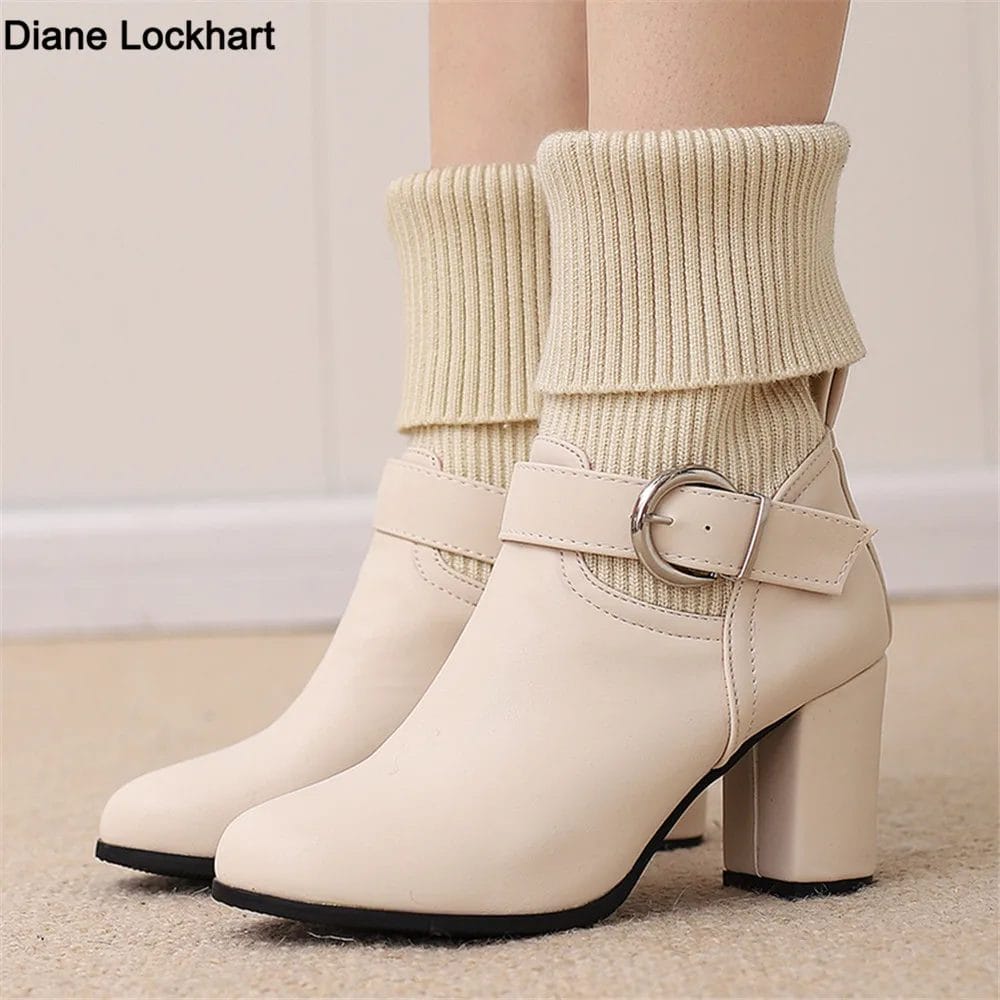 2024 Autumn Winter Knitted Short Boots Women New Ankle Socks Shoes Women Fashion Ankle Buckle Slip on High Heels Botas De Mujer 1