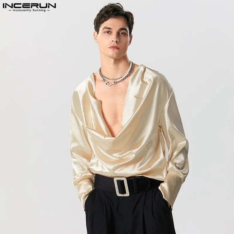 Men Shirt Solid Color V Neck Long Sleeve Satin Male Irregular Shirts Loose Streetwear 2023 Fashion Casual Camisas S-5XL INCERUN 1