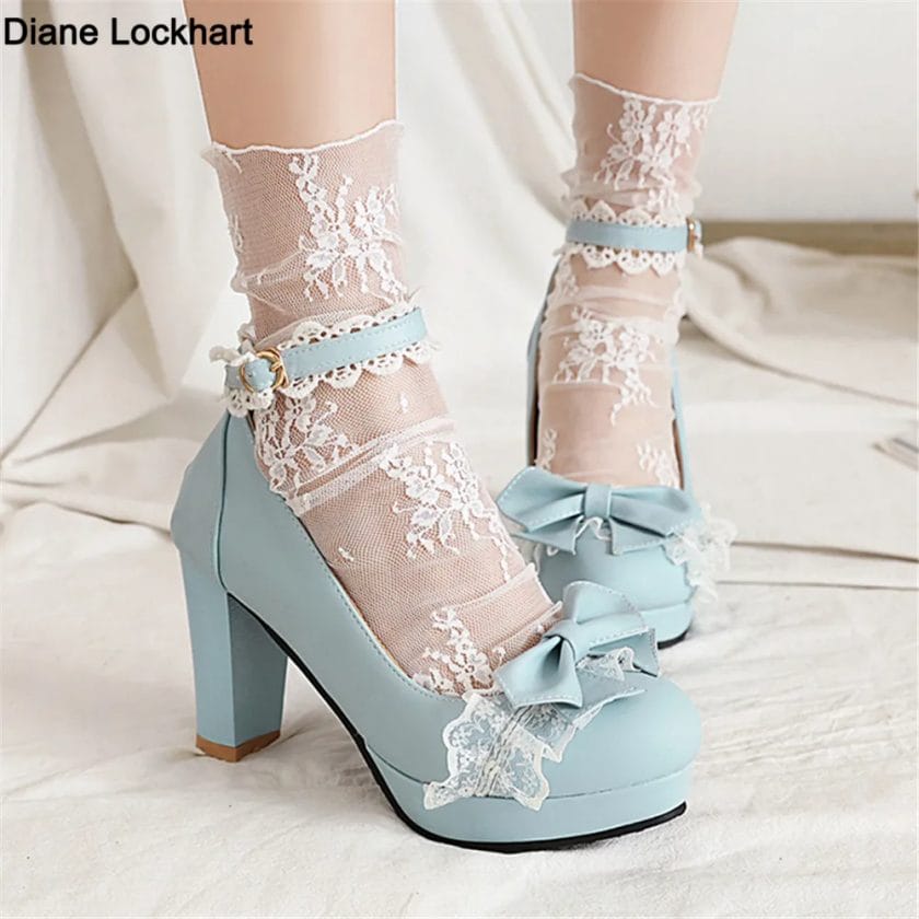 2024 Summer Ladies Heels Platform Bow Lace Princess Mary Jane Cute Lolita Shoes Party High Heel Buckle Women Pumps Girls Sweet 1